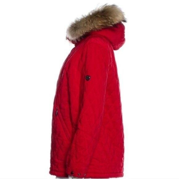 POST CARD Red Nylon Quilted Raccoon Fur Hoodie Trim Parka Size 6 - Picture 1 of 3